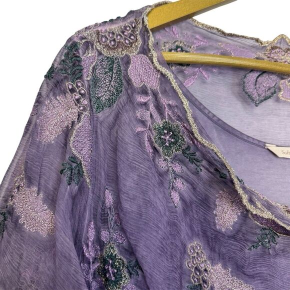 Soft Surroundings Floral Embroidered Silk Tunic XL Purple Fairy Whimsical Boho - Picture 4 of 9